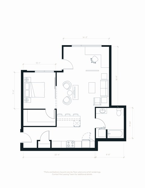 Floor plan for 1 bed, 1 bath, 845 sqft